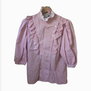 Vintage pink and white pinstripe ruffled blouse.